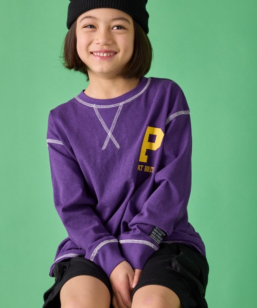 Auntie Rosa Holiday（アンティローザホリデー）の「ステッチオーバーサイズロゴロンTEE（Tシャツ/カットソー・キッズ・グリーン/チャコールグレー/ベージュ/パープル/グレー/オレンジ・130/140/150/160）」の2枚目の写真