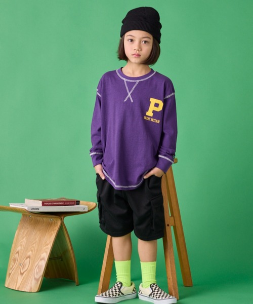 Auntie Rosa Holiday（アンティローザホリデー）の「ステッチオーバーサイズロゴロンTEE（Tシャツ/カットソー・キッズ・グリーン/チャコールグレー/ベージュ/パープル/グレー/オレンジ・130/140/150/160）」の14枚目の写真