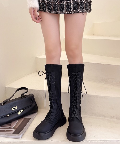 Lace Ladies(レースレディース)の「厚底 レースアップ ソックス ロング ブーツ(ブーツ・レディース・ブラック/アイボリー/グレー・22.5cm/23.5cm/25cm/24.5cm/24cm/23cm)」の4枚目の写真