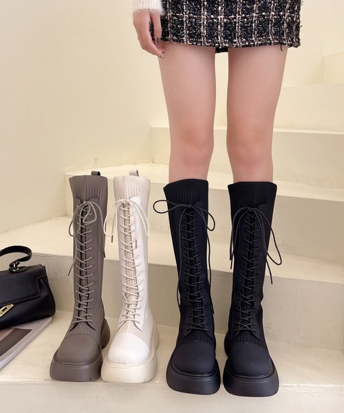 Lace Ladies(レースレディース)の「厚底 レースアップ ソックス ロング ブーツ(ブーツ・レディース・ブラック/アイボリー/グレー・22.5cm/23.5cm/25cm/24.5cm/24cm/23cm)」の7枚目の写真