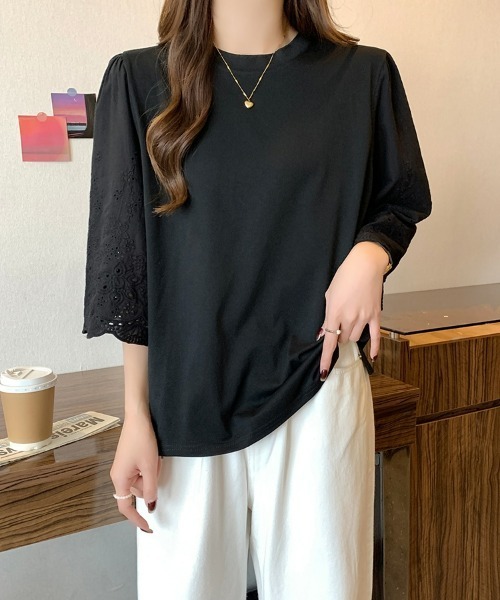 セール】レディース 異素材切替フレア袖レースTシャツ プル