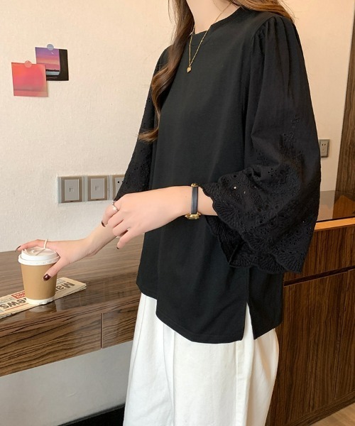 セール】レディース 異素材切替フレア袖レースTシャツ プル
