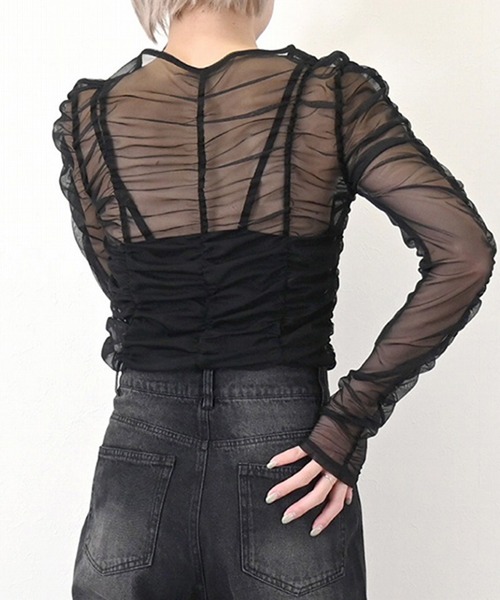 STYLEBLOCK（スタイルブロック）の「チュールシャーリングトップス（Tシャツ/カットソー・レディース・ホワイト/ブルー/グレー/ブラック・M）」の7枚目の写真