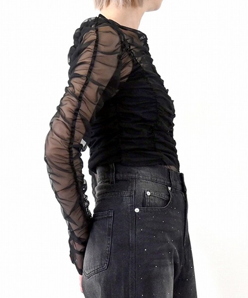 STYLEBLOCK（スタイルブロック）の「チュールシャーリングトップス（Tシャツ/カットソー・レディース・ホワイト/ブルー/グレー/ブラック・M）」の9枚目の写真