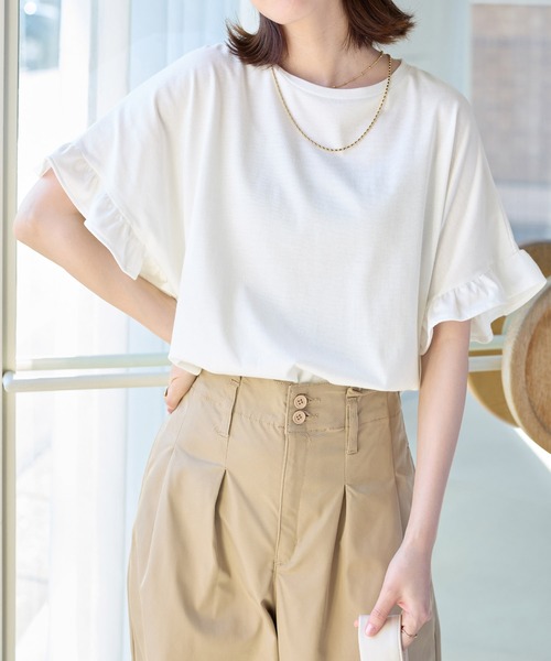 Viola e Viola(ヴィオラエヴィオラ)の「楽ちんフリルデザインプルオーバー(Tシャツ/カットソー・レディース・グリーン/ホワイト/ブラック/ネイビー/ダークブルー・3L/LL/L/M/5L/4L)」の6枚目の写真