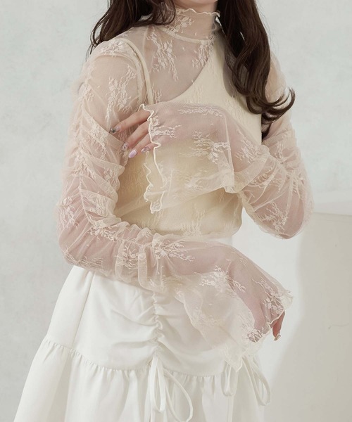 Ambre Neige（アンブルネージュ）の「flower design lace flare high-neck tops / 花柄レースフレアハイネックトップス（Tシャツ/カットソー・レディース・ブラック/オレンジ系その他/アイボリー・FREE）」の6枚目の写真