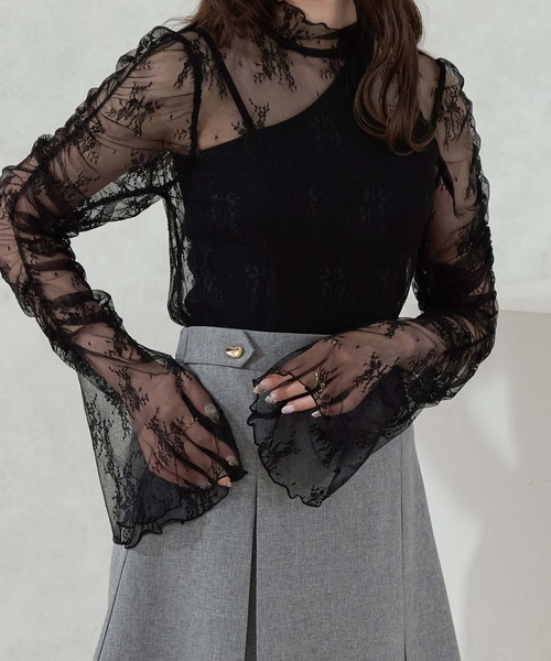 Ambre Neige（アンブルネージュ）の「flower design lace flare high-neck tops / 花柄レースフレアハイネックトップス（Tシャツ/カットソー・レディース・ブラック/オレンジ系その他/アイボリー・FREE）」の9枚目の写真