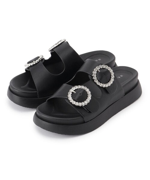 grove（グローブ）の「【キラキラビジューがポイント】厚底ダブルビジューバックルサンダル（サンダル・レディース・アイボリー/ブラック・S/M/L）」の4枚目の写真