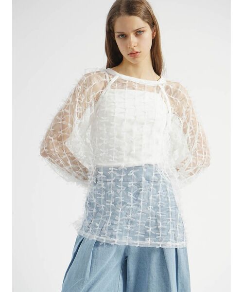 :ETHROF(イーサオブ)の「TULLE RIBBON SHEER TOPS(その他トップス・レディース・オフホワイト/ブラック・FREE)」の1枚目の写真