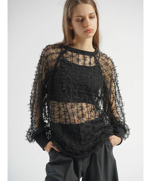 :ETHROF(イーサオブ)の「TULLE RIBBON SHEER TOPS(その他トップス・レディース・オフホワイト/ブラック・FREE)」の2枚目の写真