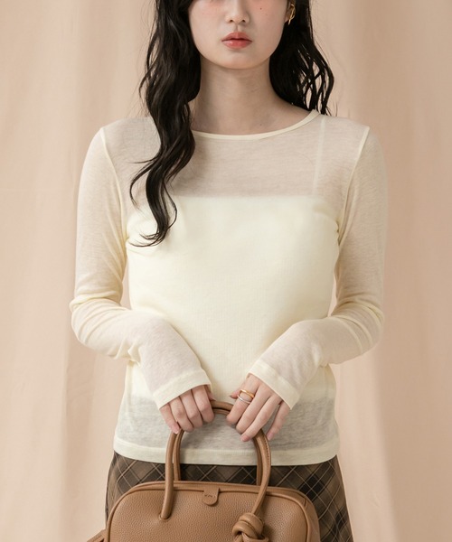 HEILIS(ヘイリス)の「シアーコンパクトロングカットソー / 秋服 冬服 春服 長袖 ロンT レイヤード 透け感 シティガール ガーリー ノームコア 韓国 アイボリー ブラック グレー イエロー ピンク(Tシャツ/カットソー・レディース・アイボリー/イエロー/ピンク/グレー/ブラック・FREE)」の4枚目の写真