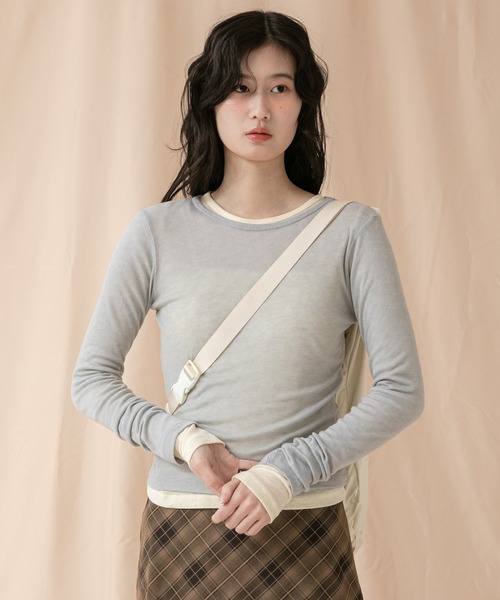 HEILIS(ヘイリス)の「シアーコンパクトロングカットソー / 秋服 冬服 春服 長袖 ロンT レイヤード 透け感 シティガール ガーリー ノームコア 韓国 アイボリー ブラック グレー イエロー ピンク(Tシャツ/カットソー・レディース・アイボリー/イエロー/ピンク/グレー/ブラック・FREE)」の8枚目の写真