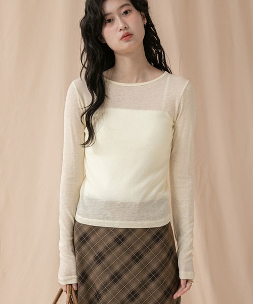 HEILIS(ヘイリス)の「シアーコンパクトロングカットソー / 秋服 冬服 春服 長袖 ロンT レイヤード 透け感 シティガール ガーリー ノームコア 韓国 アイボリー ブラック グレー イエロー ピンク(Tシャツ/カットソー・レディース・アイボリー/イエロー/ピンク/グレー/ブラック・FREE)」の16枚目の写真