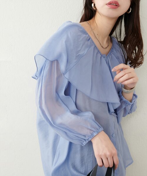 natural couture（ナチュラルクチュール）の「V開きフリルシアーブラウス（シャツ/ブラウス・レディース・オレンジ/オフホワイト/サックスブルー/ブラック・FREE）」の3枚目の写真