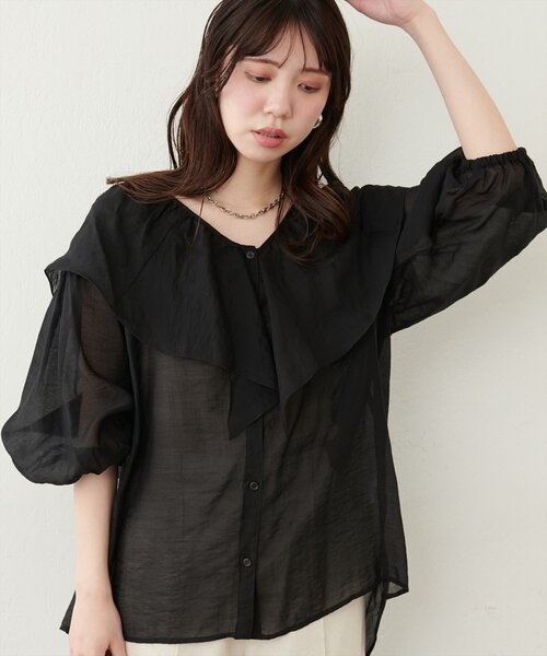 セール】V開きフリルシアーブラウス（シャツ/ブラウス）｜natural