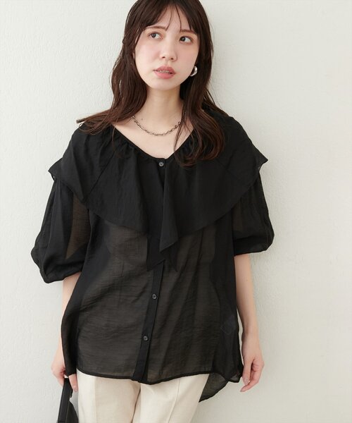 natural couture（ナチュラルクチュール）の「V開きフリルシアーブラウス（シャツ/ブラウス・レディース・オレンジ/オフホワイト/サックスブルー/ブラック・FREE）」の10枚目の写真