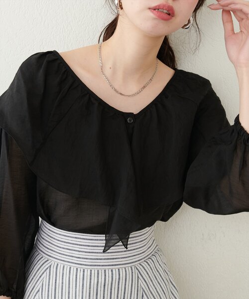 natural couture（ナチュラルクチュール）の「V開きフリルシアーブラウス（シャツ/ブラウス・レディース・オレンジ/オフホワイト/サックスブルー/ブラック・FREE）」の12枚目の写真