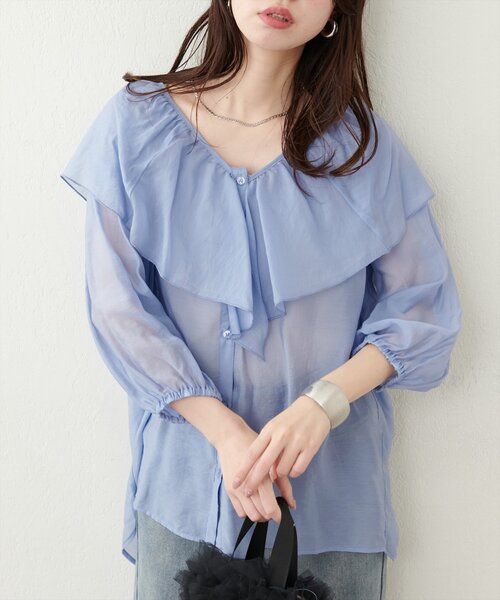 natural couture（ナチュラルクチュール）の「V開きフリルシアーブラウス（シャツ/ブラウス・レディース・オレンジ/オフホワイト/サックスブルー/ブラック・FREE）」の16枚目の写真