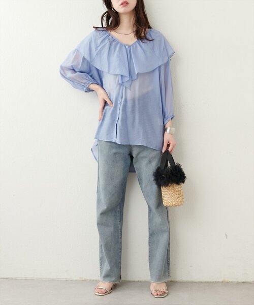 natural couture（ナチュラルクチュール）の「V開きフリルシアーブラウス（シャツ/ブラウス・レディース・オレンジ/オフホワイト/サックスブルー/ブラック・FREE）」の19枚目の写真