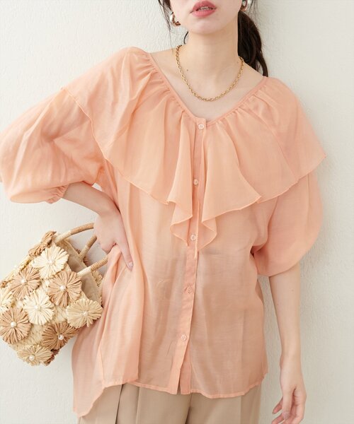 natural couture（ナチュラルクチュール）の「V開きフリルシアーブラウス（シャツ/ブラウス・レディース・オレンジ/オフホワイト/サックスブルー/ブラック・FREE）」の20枚目の写真