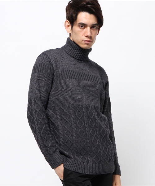 Lui's（ルイス）の「Lui's(ルイス) 編み切替タートルニット（ニット/セーター・メンズ・ブラック/ホワイト/グレー・SMALL/MEDIUM）」の3枚目の写真