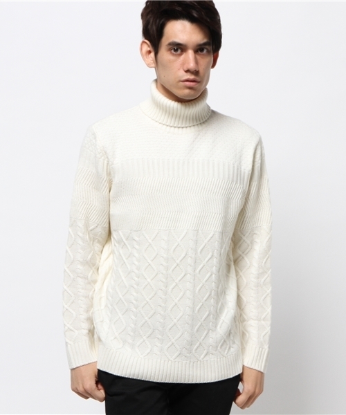 Lui's（ルイス）の「Lui's(ルイス) 編み切替タートルニット（ニット/セーター・メンズ・ブラック/ホワイト/グレー・SMALL/MEDIUM）」の2枚目の写真