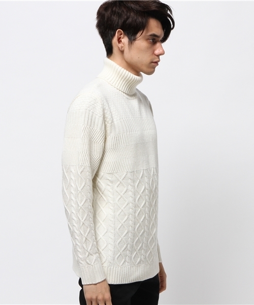 Lui's（ルイス）の「Lui's(ルイス) 編み切替タートルニット（ニット/セーター・メンズ・ブラック/ホワイト/グレー・SMALL/MEDIUM）」の4枚目の写真