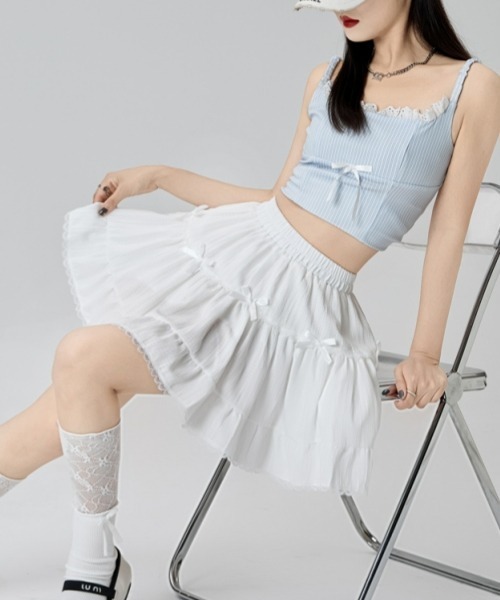 gossip！ロサンゼルス（ゴシップロサンゼルス）の「レトロ レースフリル＆リボン付きティアードフレアミニスカート（スカート・レディース・ホワイト・FREE）」の11枚目の写真