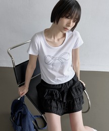 UNE MANSION | 【UNE ORIGINAL】シルバーキラキラストーンズセミクロップド半袖Tシャツカットソー(Tシャツ/カットソー)