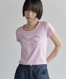 【きらきらラインストーンがポイント!】【UNE ORIGINAL】シルバーキラキラストーンズセミクロップド半袖Tシャツカットソー