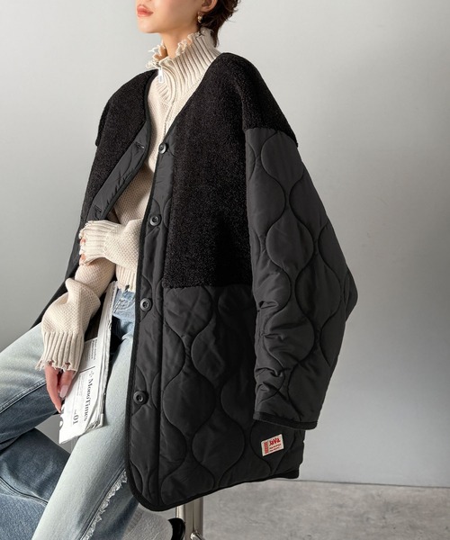 Java(ジャバ)の「《JaVaジャバコラボ》軽くて暖かい、旬顔ボア切替♪ノーカラーひょうたんキルティングコート(ノーカラージャケット・レディース・ブラック/カーキ/キャメル/アイボリー・X-LARGE/SMALL/MEDIUM/LARGE)」の9枚目の写真