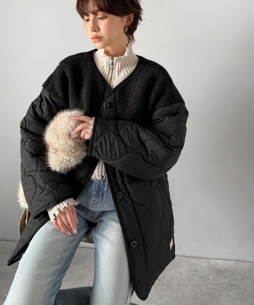 Java(ジャバ)の「《JaVaジャバコラボ》軽くて暖かい、旬顔ボア切替♪ノーカラーひょうたんキルティングコート(ノーカラージャケット・レディース・ブラック/カーキ/キャメル/アイボリー・X-LARGE/SMALL/MEDIUM/LARGE)」の7枚目の写真