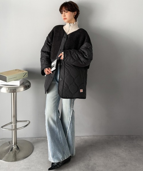 Java(ジャバ)の「《JaVaジャバコラボ》軽くて暖かい、旬顔ボア切替♪ノーカラーひょうたんキルティングコート(ノーカラージャケット・レディース・ブラック/カーキ/キャメル/アイボリー・X-LARGE/SMALL/MEDIUM/LARGE)」の10枚目の写真