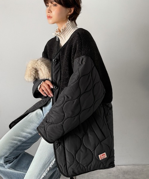 Java(ジャバ)の「《JaVaジャバコラボ》軽くて暖かい、旬顔ボア切替♪ノーカラーひょうたんキルティングコート(ノーカラージャケット・レディース・ブラック/カーキ/キャメル/アイボリー・X-LARGE/SMALL/MEDIUM/LARGE)」の6枚目の写真