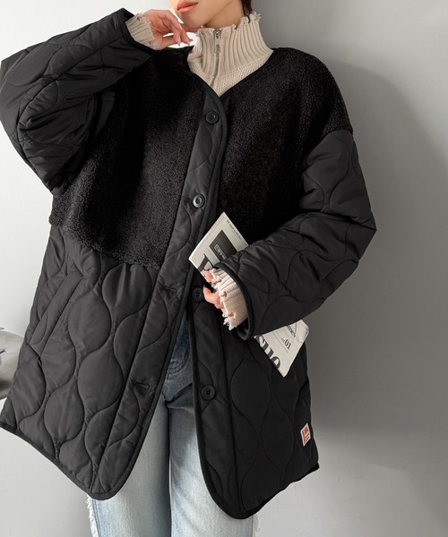 Java(ジャバ)の「《JaVaジャバコラボ》軽くて暖かい、旬顔ボア切替♪ノーカラーひょうたんキルティングコート(ノーカラージャケット・レディース・ブラック/カーキ/キャメル/アイボリー・X-LARGE/SMALL/MEDIUM/LARGE)」の8枚目の写真