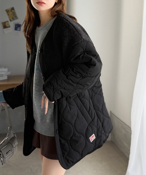 Java(ジャバ)の「《JaVaジャバコラボ》軽くて暖かい、旬顔ボア切替♪ノーカラーひょうたんキルティングコート(ノーカラージャケット・レディース・ブラック/カーキ/キャメル/アイボリー・X-LARGE/SMALL/MEDIUM/LARGE)」の11枚目の写真