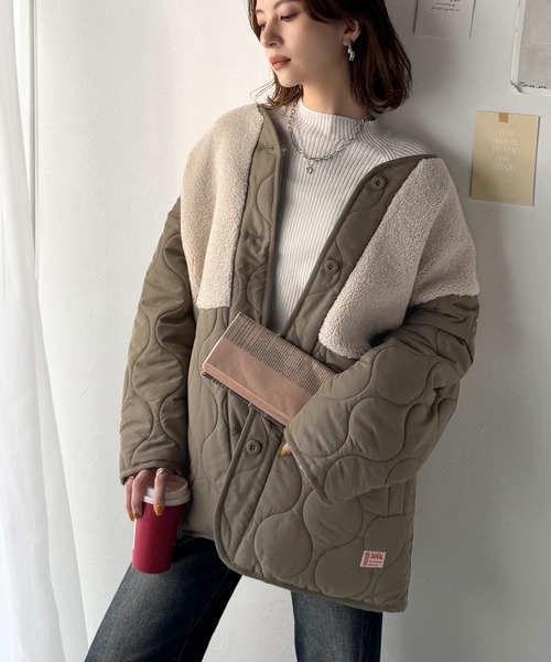 Java(ジャバ)の「《JaVaジャバコラボ》軽くて暖かい、旬顔ボア切替♪ノーカラーひょうたんキルティングコート(ノーカラージャケット・レディース・ブラック/カーキ/キャメル/アイボリー・X-LARGE/SMALL/MEDIUM/LARGE)」の18枚目の写真