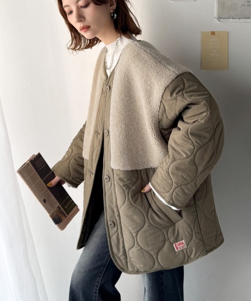 Java(ジャバ)の「《JaVaジャバコラボ》軽くて暖かい、旬顔ボア切替♪ノーカラーひょうたんキルティングコート(ノーカラージャケット・レディース・ブラック/カーキ/キャメル/アイボリー・X-LARGE/SMALL/MEDIUM/LARGE)」の15枚目の写真