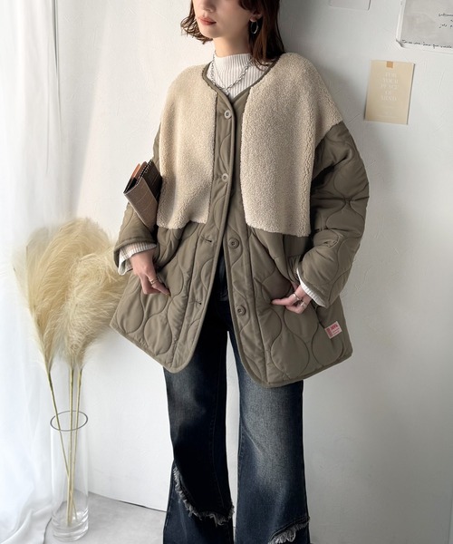 Java(ジャバ)の「《JaVaジャバコラボ》軽くて暖かい、旬顔ボア切替♪ノーカラーひょうたんキルティングコート(ノーカラージャケット・レディース・ブラック/カーキ/キャメル/アイボリー・X-LARGE/SMALL/MEDIUM/LARGE)」の16枚目の写真