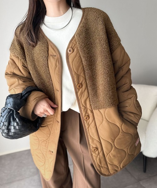 Java(ジャバ)の「《JaVaジャバコラボ》軽くて暖かい、旬顔ボア切替♪ノーカラーひょうたんキルティングコート(ノーカラージャケット・レディース・ブラック/カーキ/キャメル/アイボリー・X-LARGE/SMALL/MEDIUM/LARGE)」の21枚目の写真