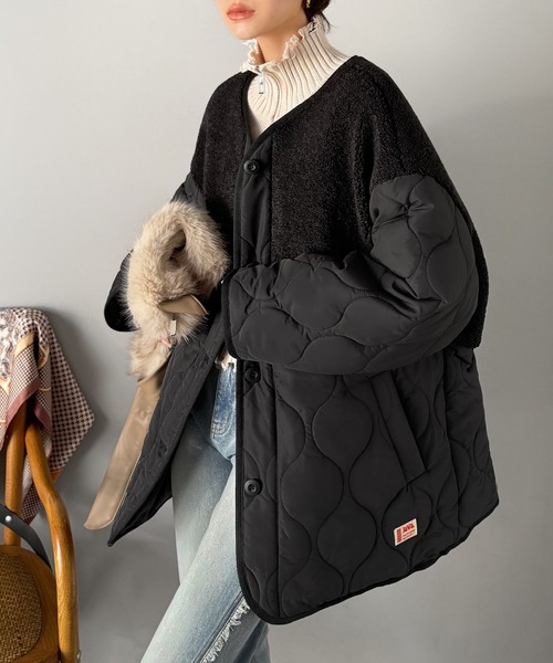 Java(ジャバ)の「《JaVaジャバコラボ》軽くて暖かい、旬顔ボア切替♪ノーカラーひょうたんキルティングコート(ノーカラージャケット・レディース・ブラック/カーキ/キャメル/アイボリー・X-LARGE/SMALL/MEDIUM/LARGE)」の5枚目の写真