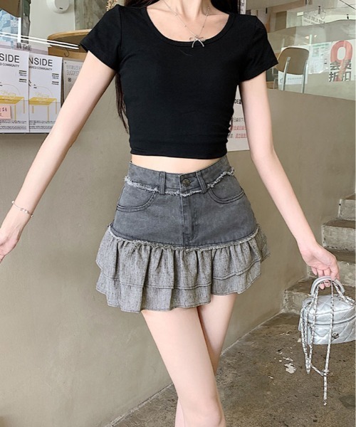 kirakiraShop(キラキラショップ)の「パンツ付き デニム フリル ミニスカート(デニムスカート・レディース・グレー/ブラック/カーキ・S/M/L)」の10枚目の写真