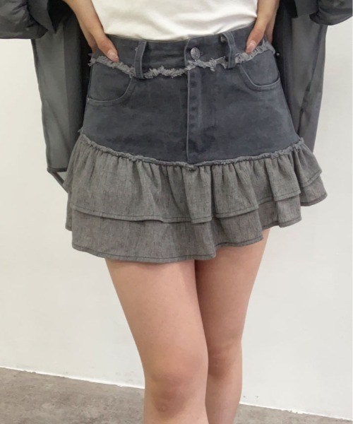 kirakiraShop(キラキラショップ)の「パンツ付き デニム フリル ミニスカート(デニムスカート・レディース・グレー/ブラック/カーキ・S/M/L)」の8枚目の写真