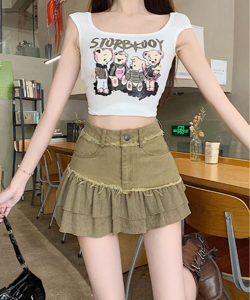 kirakiraShop(キラキラショップ)の「パンツ付き デニム フリル ミニスカート(デニムスカート・レディース・グレー/ブラック/カーキ・S/M/L)」の6枚目の写真