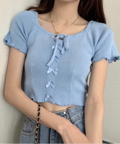 【新品未使用】RONRONリボン半袖ニット 水色 セール】【春夏新作】フロントリボンメローステッチ半袖ニット