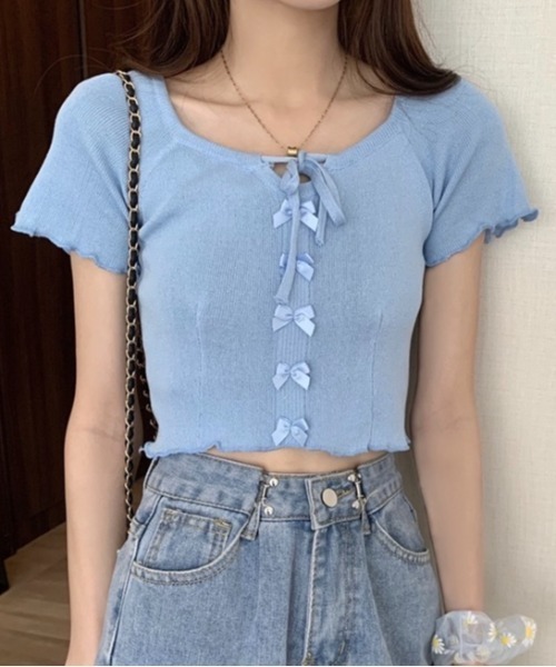 LADY LIKE(レディライク)の「フロントリボンメローステッチ半袖ニット(ニット/セーター・レディース・ブラック/サックスブルー/マスタード/ホワイト/グリーン・M)」の14枚目の写真