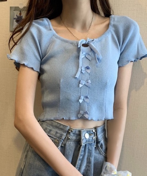 LADY LIKE(レディライク)の「フロントリボンメローステッチ半袖ニット(ニット/セーター・レディース・ブラック/サックスブルー/マスタード/ホワイト/グリーン・M)」の15枚目の写真