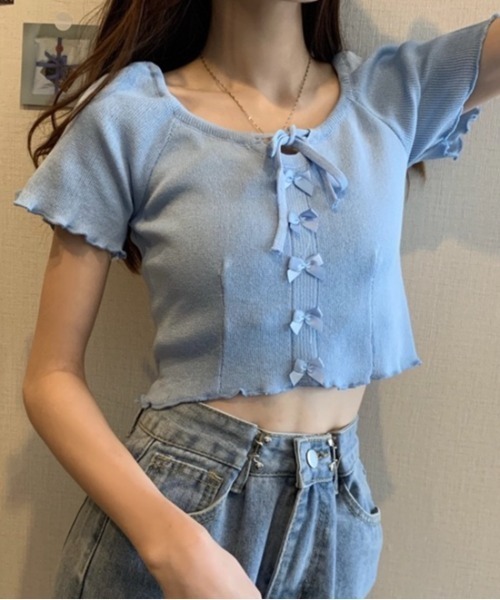 LADY LIKE(レディライク)の「フロントリボンメローステッチ半袖ニット(ニット/セーター・レディース・ブラック/サックスブルー/マスタード/ホワイト/グリーン・M)」の16枚目の写真