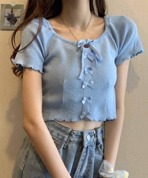 LADY LIKE(レディライク)の「フロントリボンメローステッチ半袖ニット(ニット/セーター・レディース・ブラック/サックスブルー/マスタード/ホワイト/グリーン・M)」の17枚目の写真