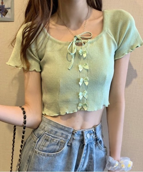 LADY LIKE(レディライク)の「フロントリボンメローステッチ半袖ニット(ニット/セーター・レディース・ブラック/サックスブルー/マスタード/ホワイト/グリーン・M)」の18枚目の写真